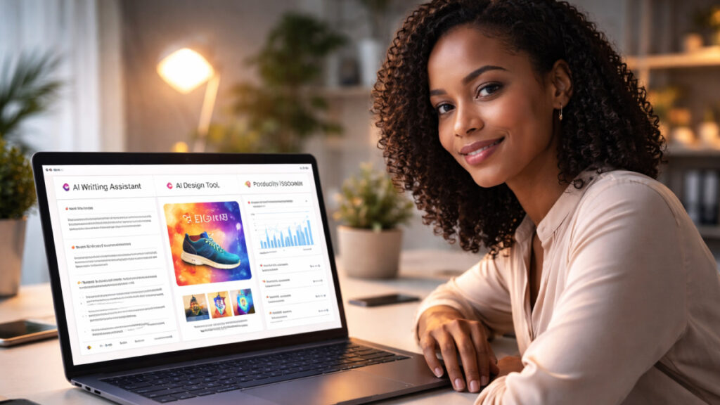 African professional using AI tools on a laptop in a modern workspace