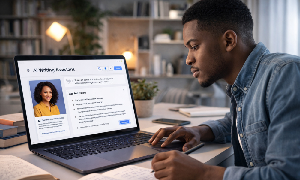 African professional using AI tools on a laptop in a modern workspace