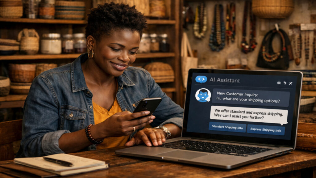 Small business owner using AI to manage customer communication